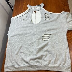 Light Gray Distressed Cold Shoulder Sweatshirt